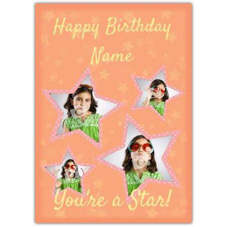 Personalised Four Star Birthday Card with Photo and Custom Text Youre a Star Design