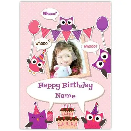 Personalised Happy Birthday Owl Photo Card for Kids with Balloons and Cake