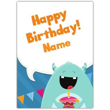 Personalised Children's Happy Birthday Card with Cute Monster and Cake Design