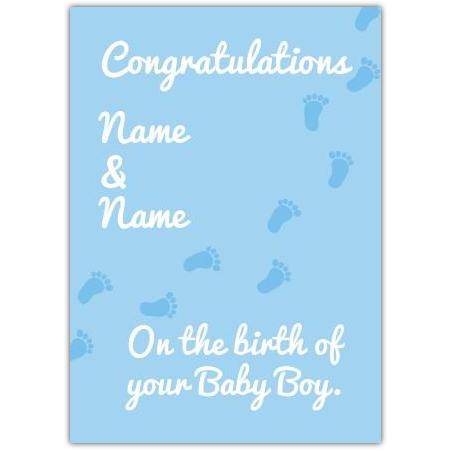 Personalised Blue New Baby Boy Card with Footprints Congratulations Message