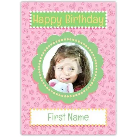 Personalised Pink Happy Birthday Card with Photo Frame for Child