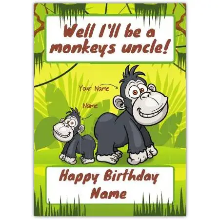 Personalised Monkey's Uncle Humorous Happy Birthday Card with Jungle Design