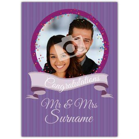 Personalised Congratulations Mr and Mrs Wedding Card with Photo and Name on Purple Design