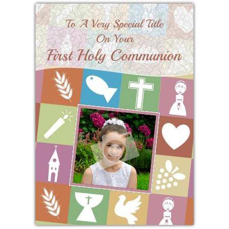 Personalised First Holy Communion Photo Card with Religious Symbols and Floral Design