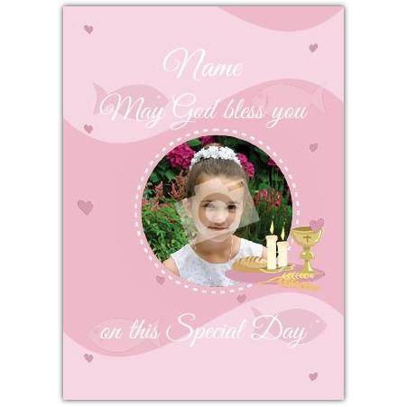 Personalised Pink First Communion Photo Card with Blessing for Girls Special Day