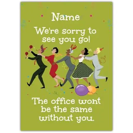 Personalised Sorry To See You Go Leaving Office Goodbye Card with Fun Dancing Colleagues Design