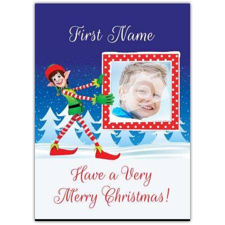 Personalised Merry Christmas Elf Photo Card with Custom Name and Festive Greeting