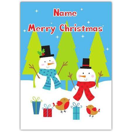 Personalised Merry Christmas Snowman Scene Card with Trees and Robins