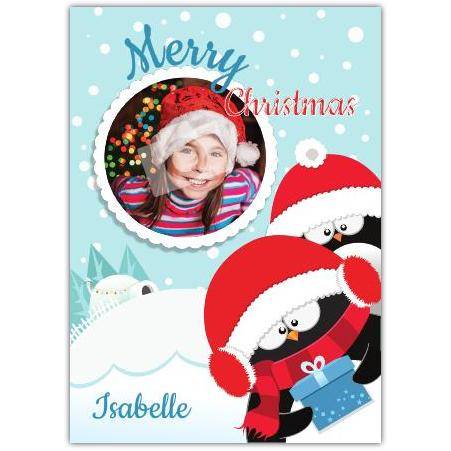 Personalised Penguins Christmas Photo Card with Festive Santa Hats and Gift Design