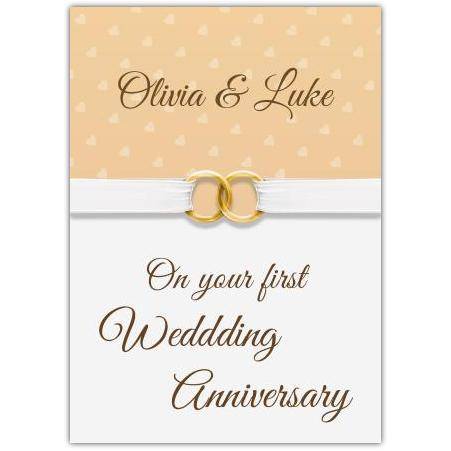 Personalised First Wedding Anniversary Card with Gold Rings and Names Design