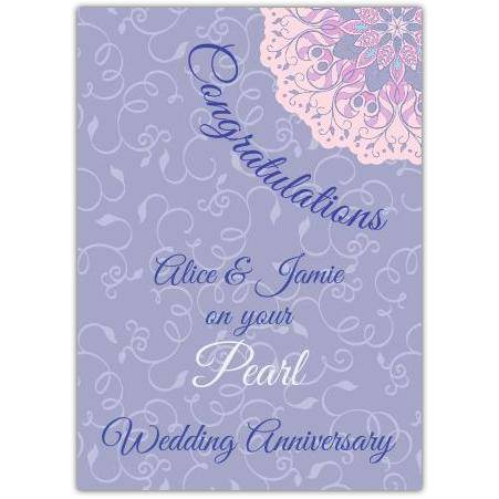 Personalised Pearl Wedding Anniversary Card with Elegant Floral Design and Congratulations Message