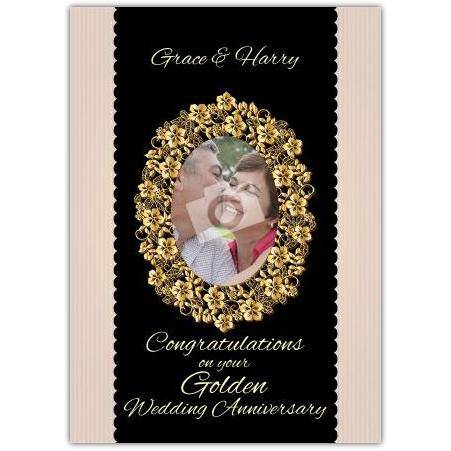 Personalised Golden Wedding Anniversary Card with Custom Photo and Names on Gold Floral Frame