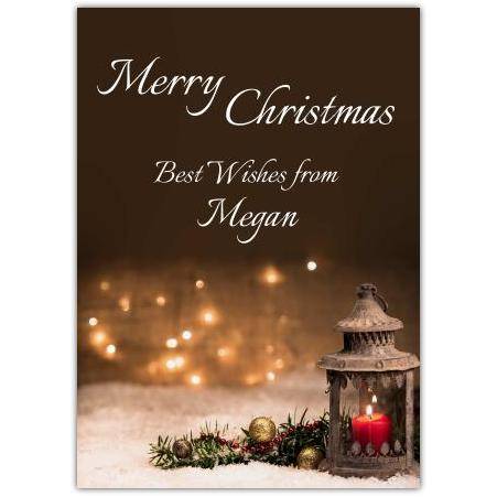 Personalised Merry Christmas Card with Lantern and Twinkling Lights Design