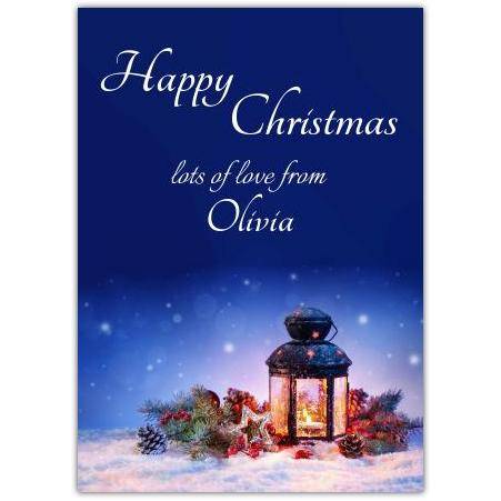 Personalised Happy Christmas Card with Festive Lantern and Snowy Scene