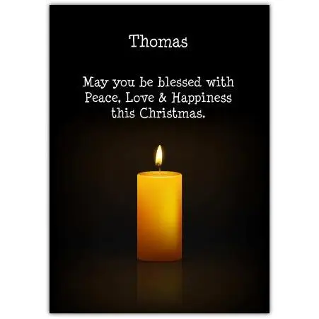Personalised Christmas Card with Candle and Peace Love Happiness Blessing