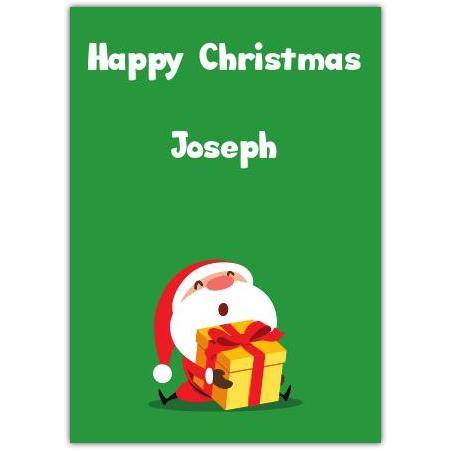 Personalised Happy Christmas Card with Cute Santa and Gift on Green Background