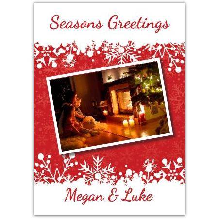 Personalised Seasons Greetings Christmas Card with Open Fire and Family Scene