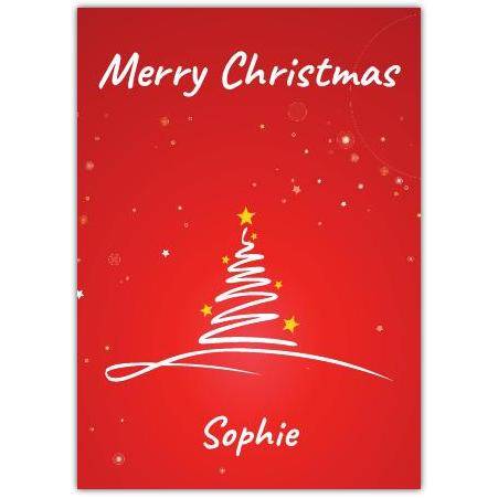 Personalised Merry Christmas Card with Modern White Tree Design on Red Background