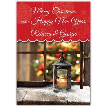 Personalised Merry Christmas and Happy New Year Lantern Window Card