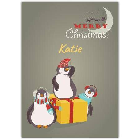 Personalised Merry Christmas Penguins Greeting Card with Gift Box Design