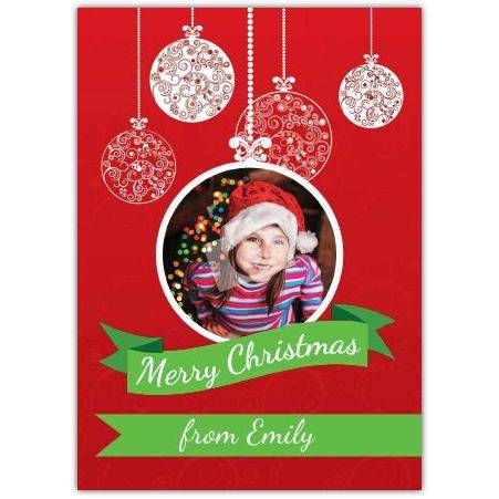 Personalised Photo Bauble Christmas Card with Custom Message and Festive Red Design