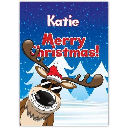 Personalised Sunglasses Reindeer Christmas Card for Kids with Snowy Background
