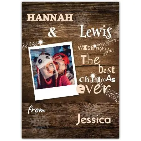 Personalised Best Ever Christmas Card with Photo on Rustic Wooden Background