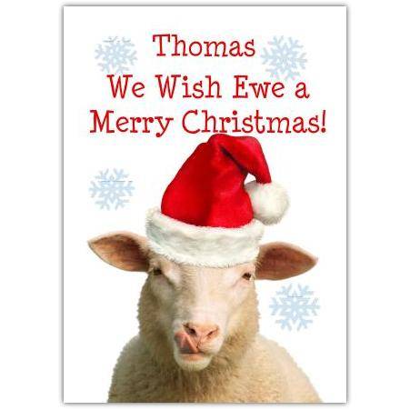 Personalised Sheep Santa Hat Christmas Card with Custom Name and Holiday Message
