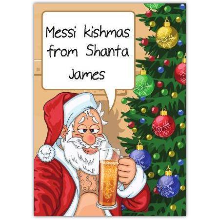 Personalised Humorous Drunk Santa Christmas Card with Festive Tree and Drink