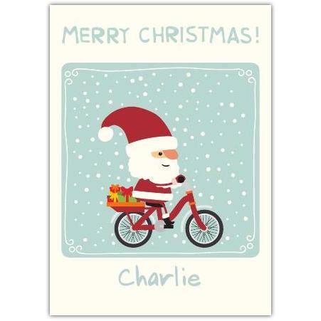 Personalised Cycling Santa Xmas Card with Gifts and Snow for Christmas Greetings