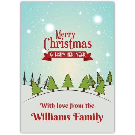 Personalised Merry Christmas and Happy New Year Card with Family Name and Winter Tree Design