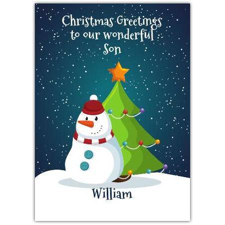 Personalised Christmas Card for Son with Snowman and Tree Design