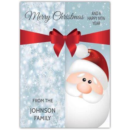 Personalised Merry Christmas and Happy New Year Santa Card with Red Ribbon Bow