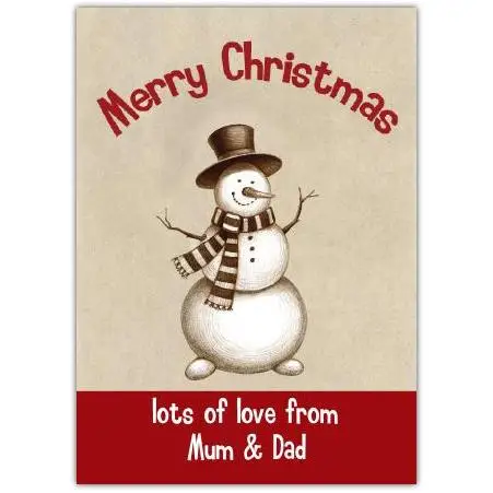 Personalised Merry Christmas Snowman Card from Mum and Dad with Scarf and Top Hat Design