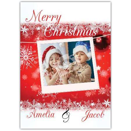 Personalised Merry Christmas Photo Card with Snowflake Design and Custom Names Amelia & Jacob