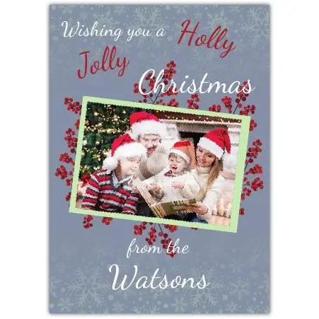 Personalised Family Holly Jolly Christmas Card with Santa Hats and Festive Berries Design