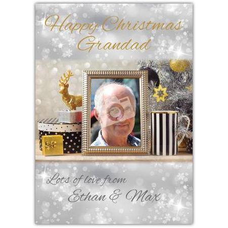 Personalised Happy Christmas Grandad Photo Frame Card with Festive Decorations and Custom Message