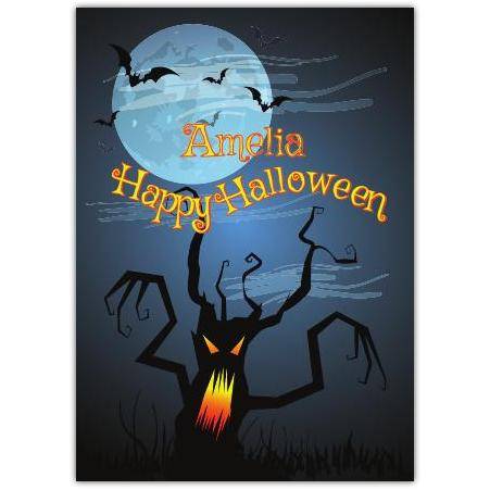 Personalised Happy Halloween Scary Tree Card with Bats and Full Moon Design