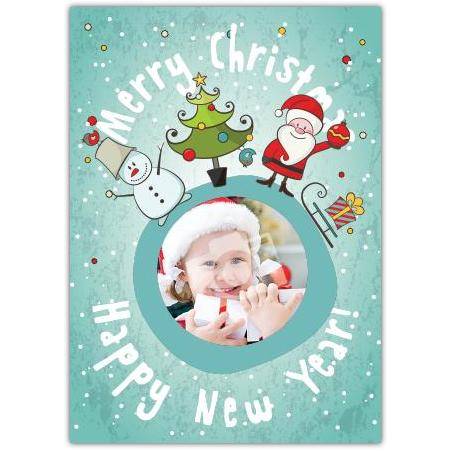 Personalised Merry Christmas and Happy New Year Photo Greeting Card with Festive Santa and Snowman Design
