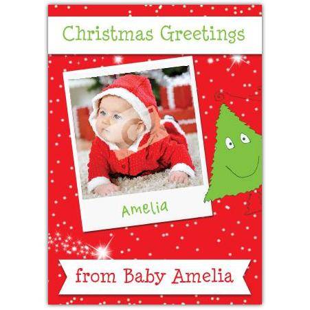 Personalised Baby Christmas Photo Card with Green Tree and Red Background Seasonal Greeting
