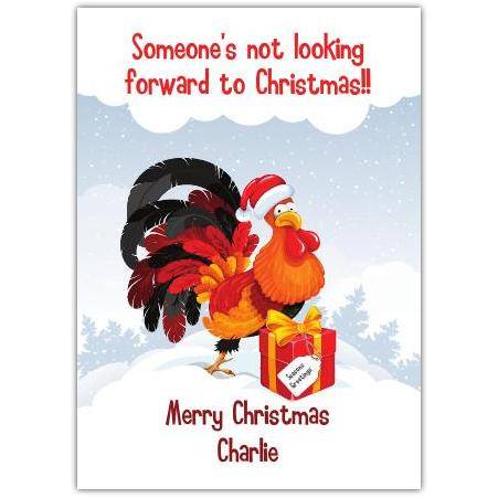 Personalised Christmas Card Featuring Reluctant Turkey with Hat and Gift for Festive Greetings