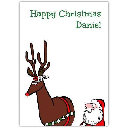 Personalised Happy Christmas Card with Cartoon Reindeer and Santa Design