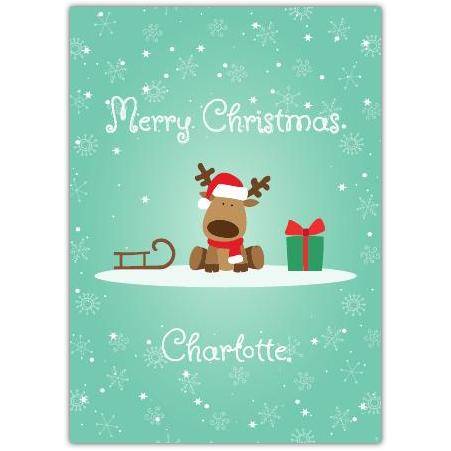 Personalised Merry Christmas Card with Cute Reindeer Sleigh and Gift Design