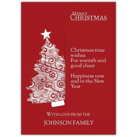 Personalised Classic Red Christmas Wishes Card with White Tree and Family Name Option