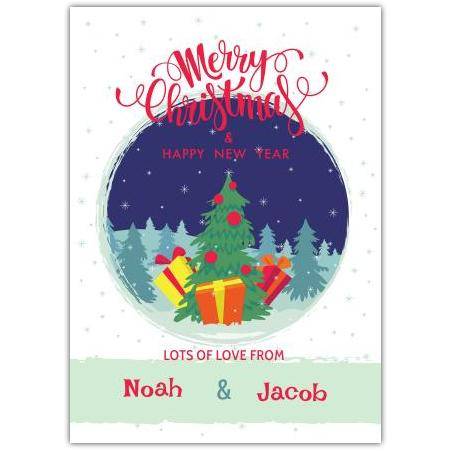 Personalised Merry Christmas and Happy New Year Pine Tree Scene Card with Gifts