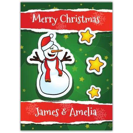 Personalised Snowman and Stars Merry Christmas Card with Custom Names on Green Background