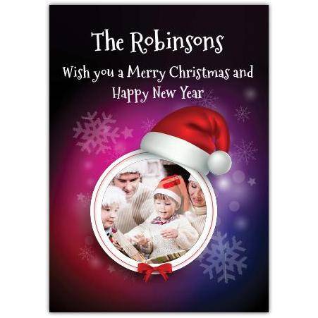 Personalised Family Merry Christmas and Happy New Year Photo Card with Santa Hat Design