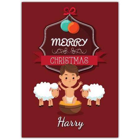 Personalised Merry Christmas Card Boy in Manger with Sheep Festive Holiday Design