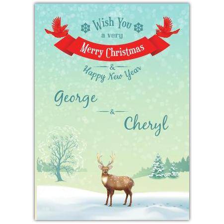 Personalised Reindeer Christmas Card with Winter Scene and Seasonal Greetings