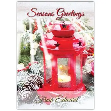 Personalised Red Lantern Seasons Greetings Christmas Card with Candle Design